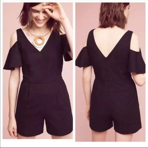 Anthropologie Black Open Shoulder Ruffle Romper